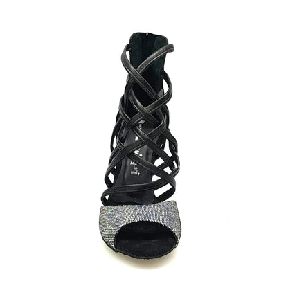 Sandalo da donna Wishdance Megan in vera pelle nera con tomaia multicolor e dettagli in argento, scarpa elegante e colorata.