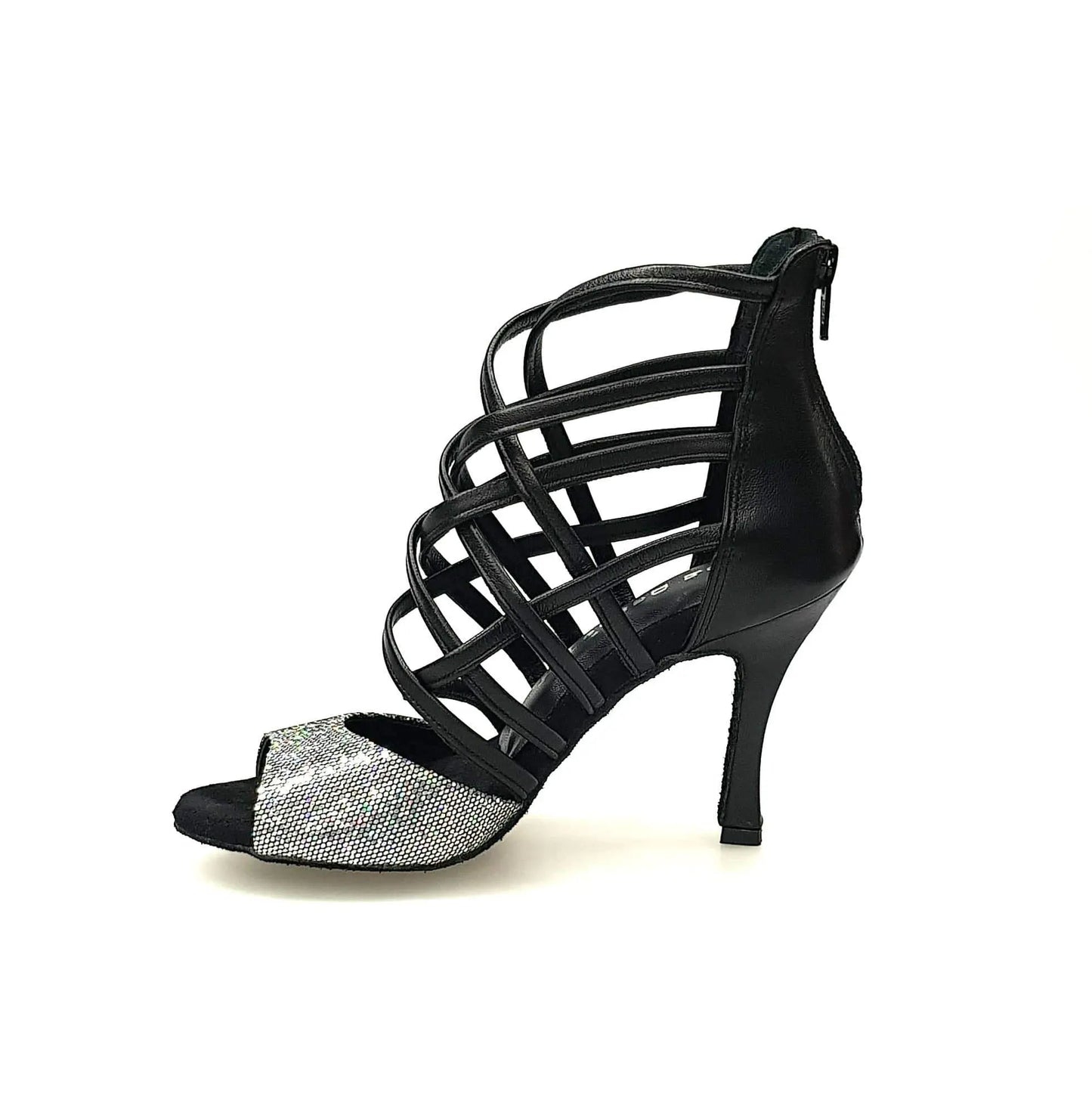 Sandalo donna Wishdance Megan (161P) in vera pelle nera con tomaia multicolor e dettagli in argento.
