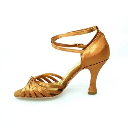 Scarpa da ballo Wishdance Pepa 210/7L in raso seta bronzo con nodino e fascette rivestite in camoscio, donna.