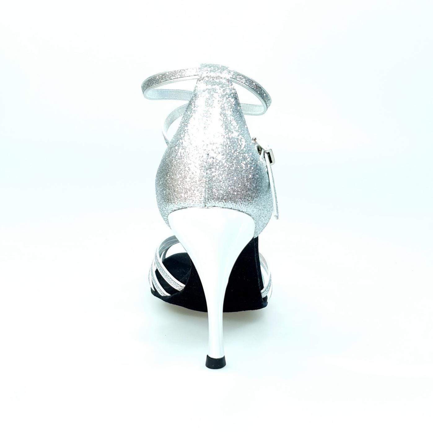Scarpa da ballo Wishdance Pepa in glitter argento con tacco stiletto laminato e fascette, perfetta per danze eleganti.