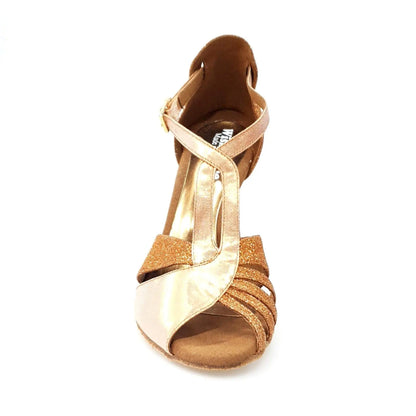 Sandalo donna Wishdance Lidia (402 Lola) in glitter marrone e lurex rame con tacco a spillo laminato oro ramato.