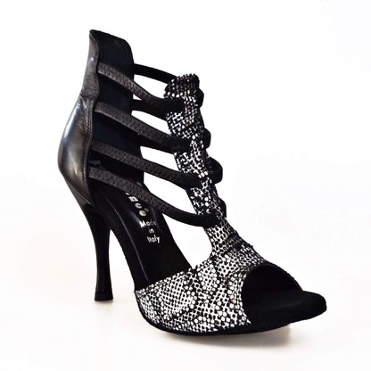 Sandalo donna Lilith (460) Wishdance in pitone silver con tallone e tacco in pelle nera, elegante e alla moda.