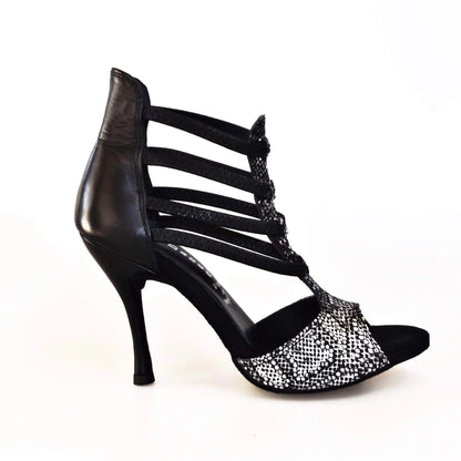 Sandalo donna Lilith 460 Wishdance in pitone silver con tallone e tacco in pelle nera, elegante e alla moda