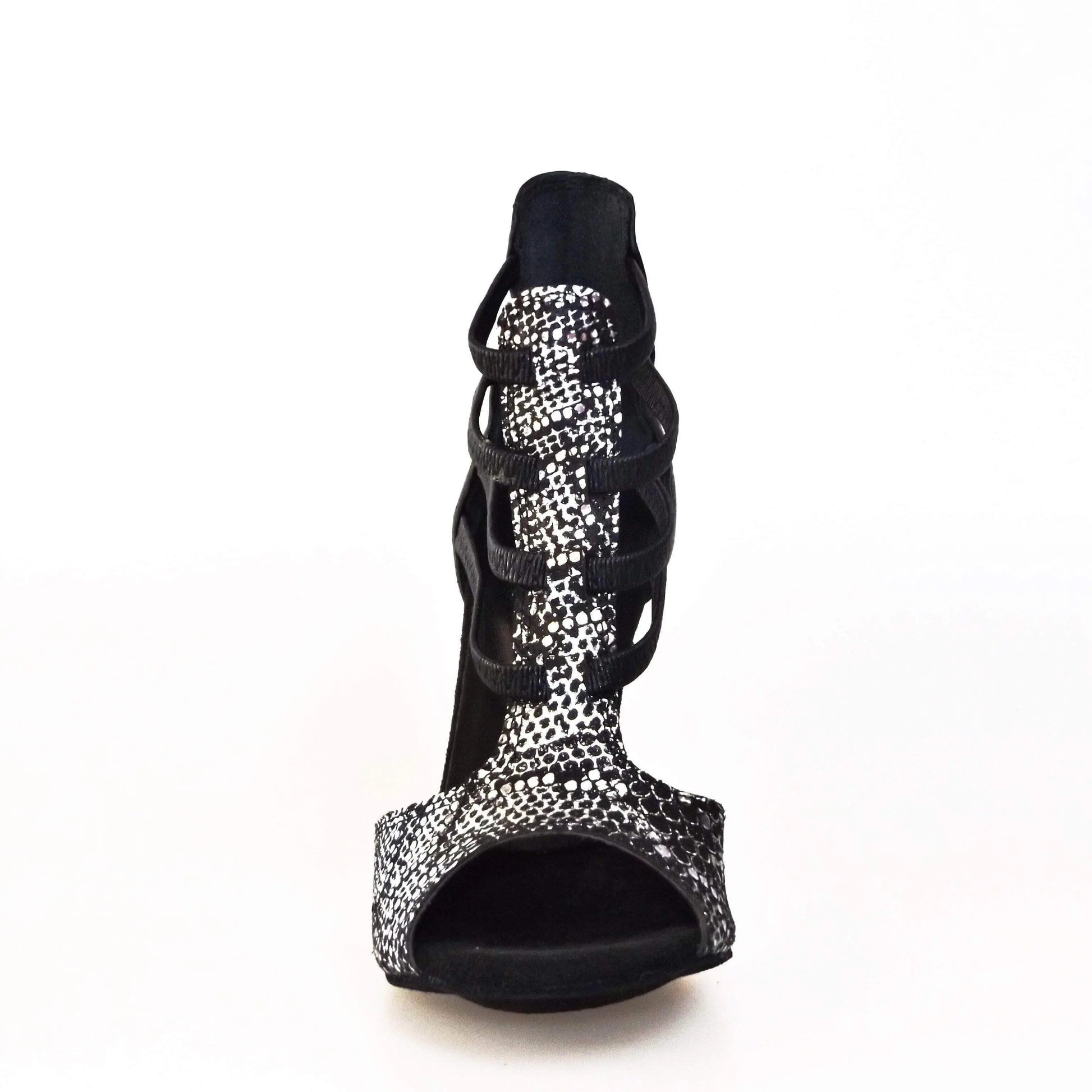 Sandalo da donna Wishdance Lilith (460) in pitone silver con tacco e tallone in pelle nera, scarpa elegante e alla moda