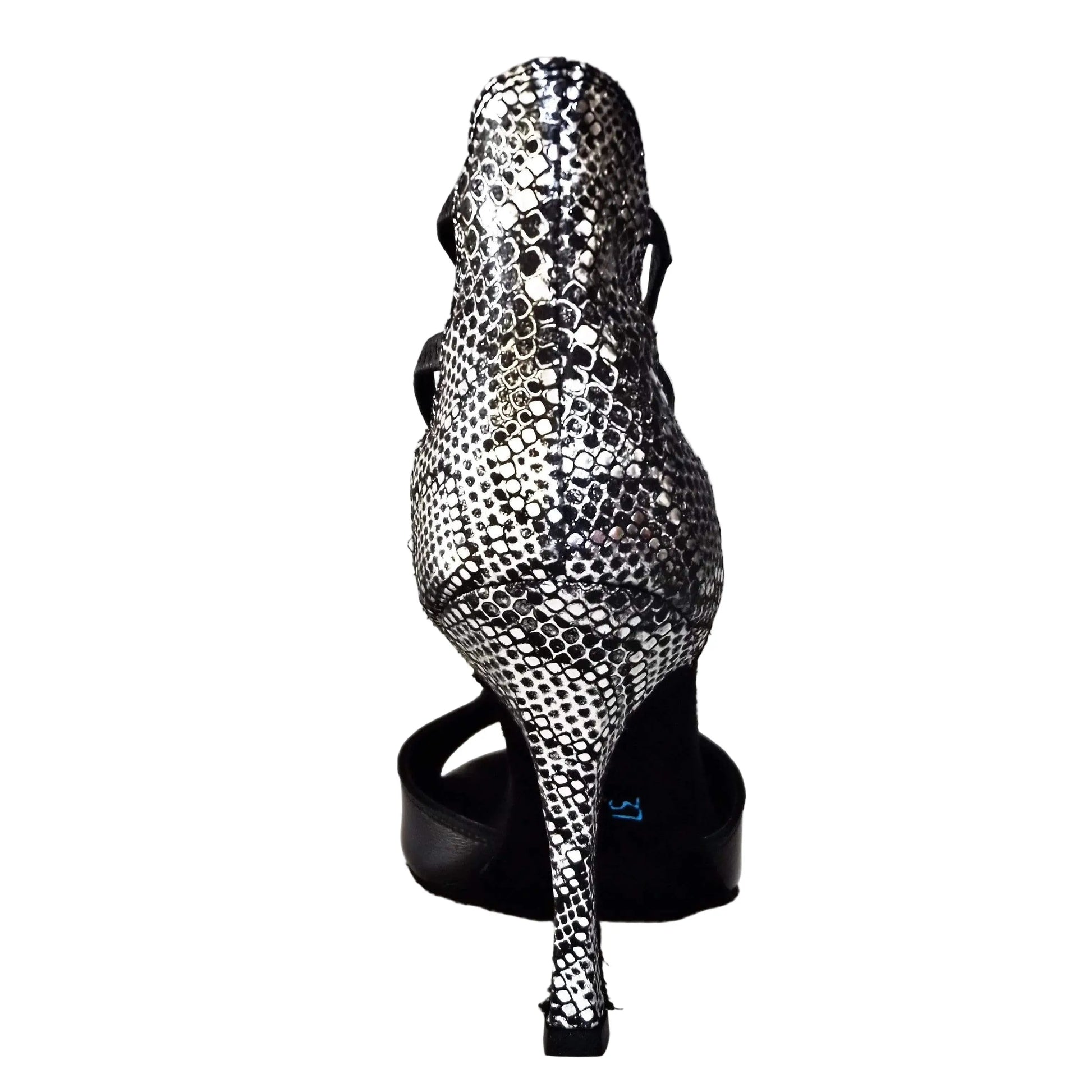 Sandalo donna Wishdance Lilith (460) in pelle nera con tacco e dettaglio in pitone argento, davanti e tallone visibili.