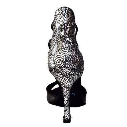 Sandalo donna Wishdance Lilith (460) in pelle nera con tacco e dettaglio in pitone argento, davanti e tallone visibili.