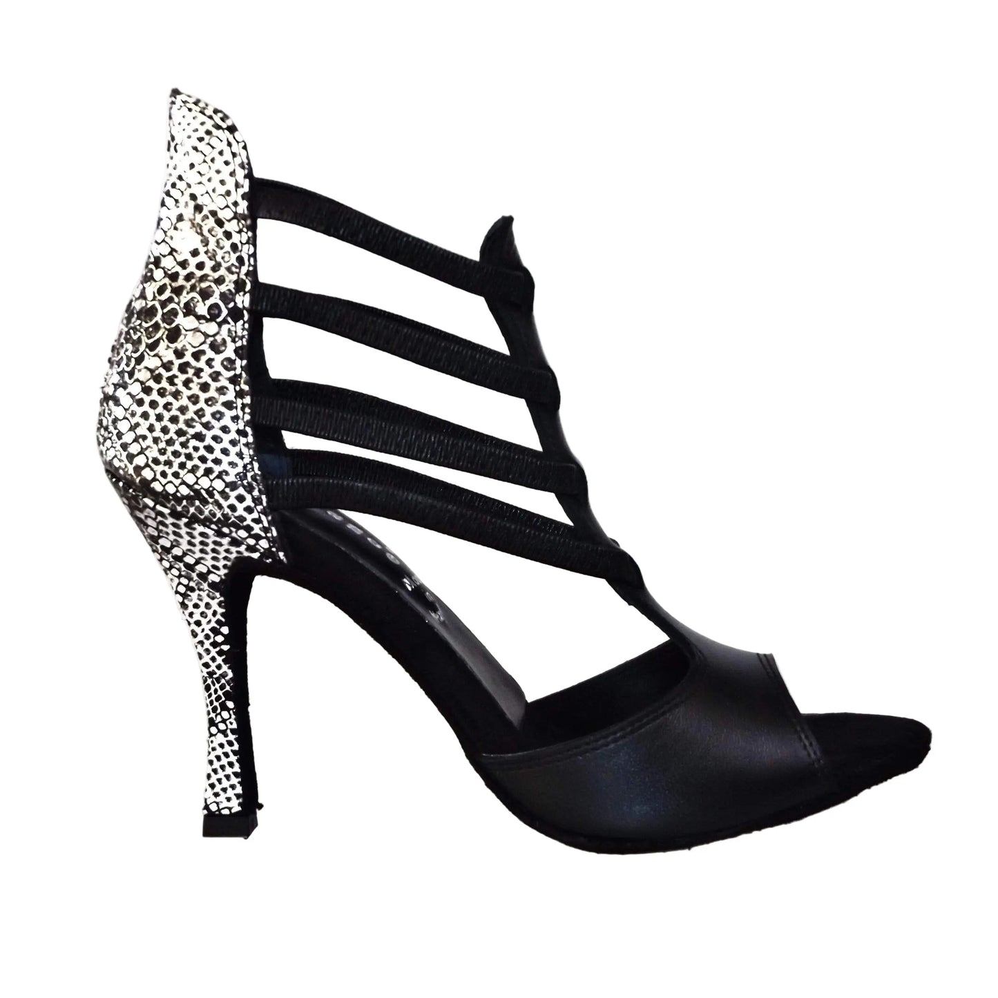 Sandalo da donna Wishdance Lilith (460) in pelle nera con tacco in pitone argento, con suola e dettaglio avvolgente davanti.