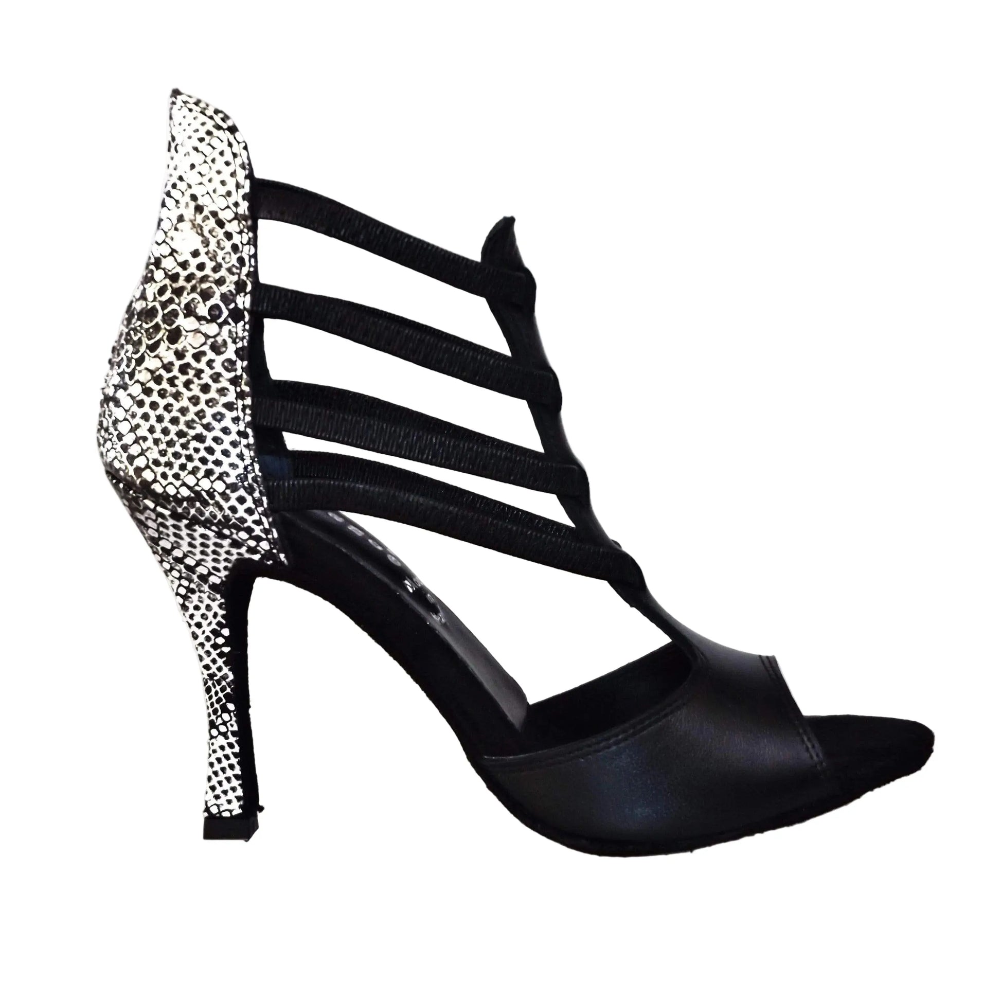 Sandalo da donna Wishdance Lilith (460) in pelle nera con tacco in pitone argento, con suola e dettaglio avvolgente davanti.