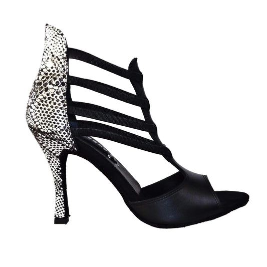 Sandalo da donna Wishdance Lilith (460) in pelle nera con tacco in pitone argento, con suola e dettaglio avvolgente davanti.