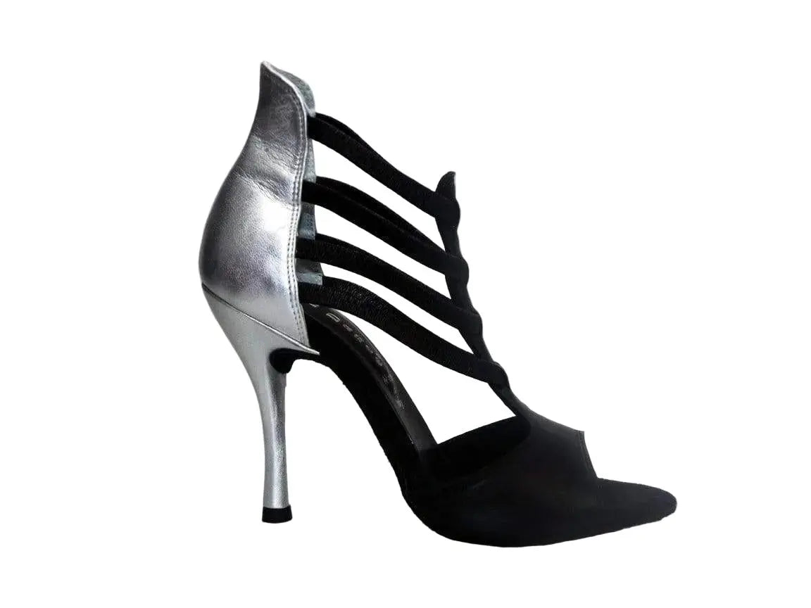 Sandalo donna Wishdance Lilith in pelle nera con tacco e dettaglio in pelle argento, scarpa elegante e comoda