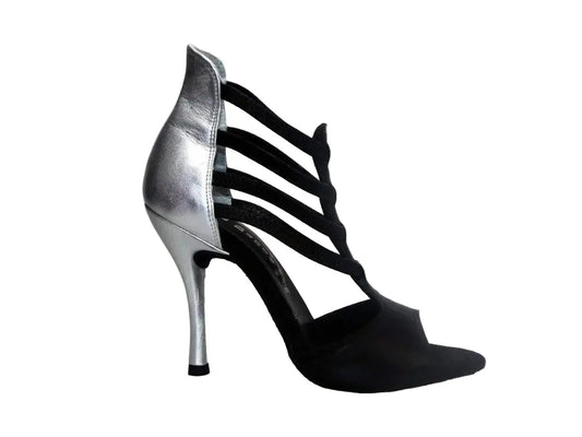 Sandalo donna Wishdance Lilith in pelle nera con tacco e dettaglio in pelle argento, scarpa elegante e comoda