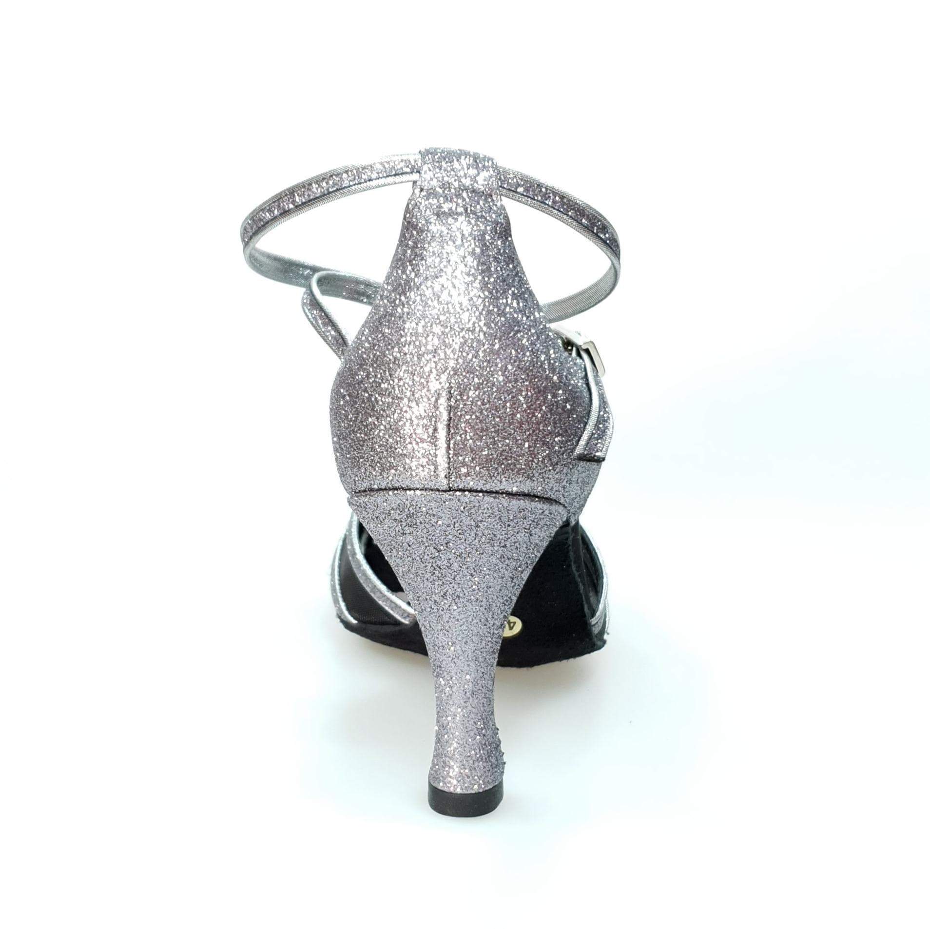 Scarpa da ballo Wishdance Alyssa 567L in glitter carbon grigio con dettagli in retina nera, perfetta per danzare con stile.
