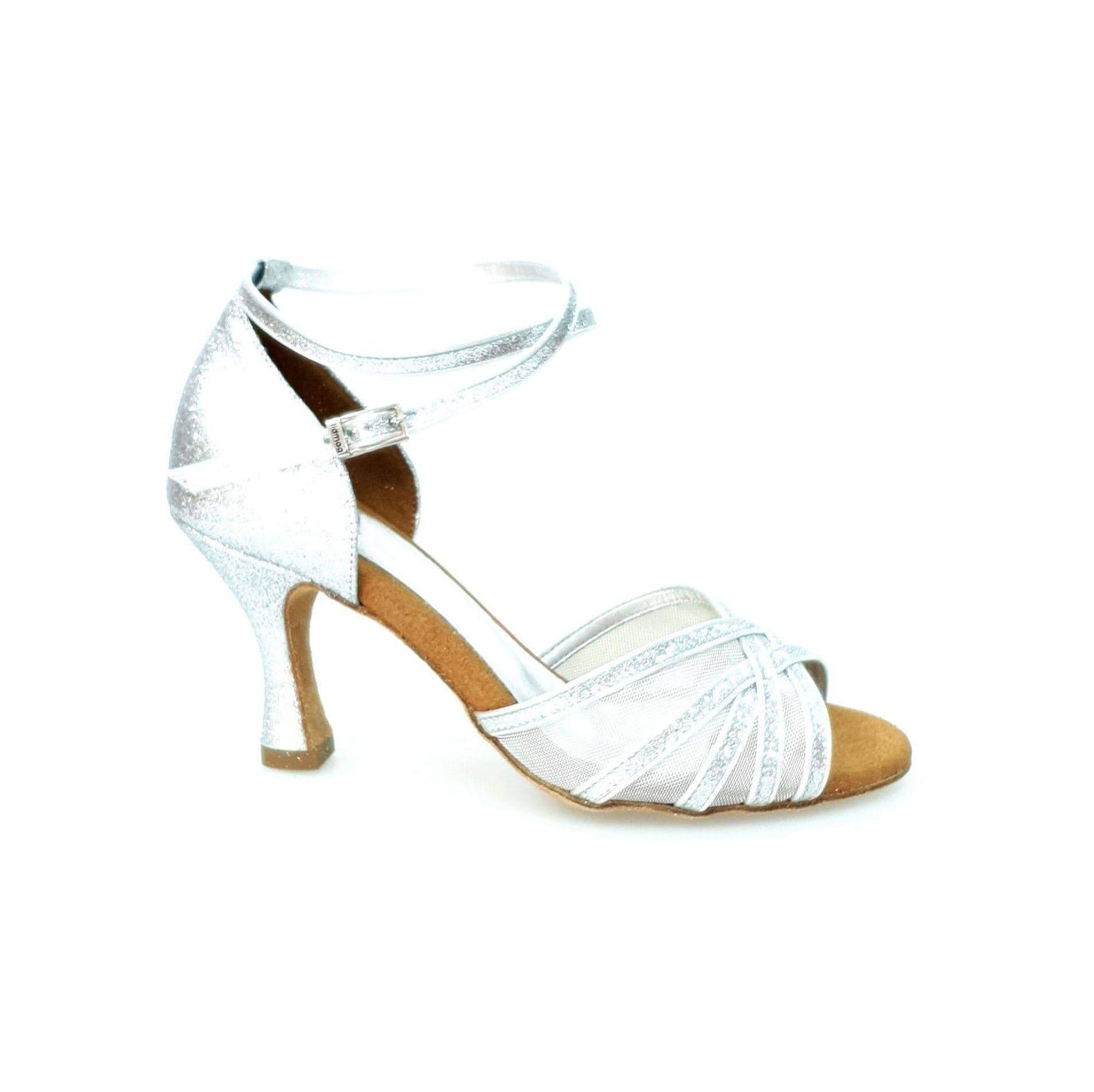 Scarpa da ballo Wishdance Alyssa (567L) con glitter argento, tacco a rocchetto e dettagli in retina, ideale per danze eleganti.