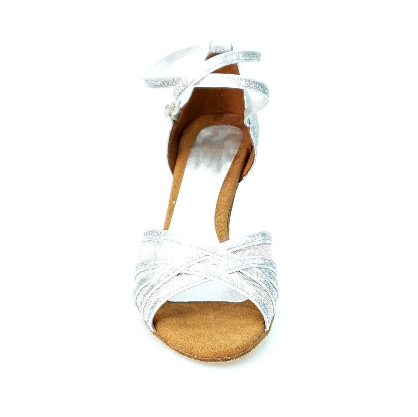Scarpa da ballo Wishdance Alyssa (567L) in glitter argento con tacco a rocchetto e dettagli in retina argento.