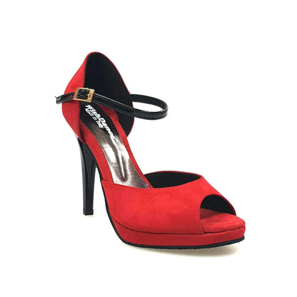 Sandalo donna Wishdance Veronica (675) in camoscio rosso con cinturino singolo in vernice nera, scarpa elegante e alla moda
