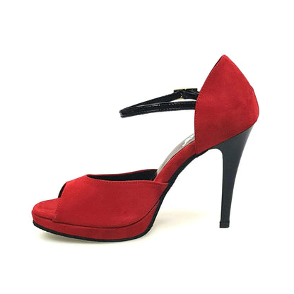 Sandalo donna Wishdance Veronica (675) in camoscio rosso con cinturino singolo in vernice nera, scarpa elegante e alla moda