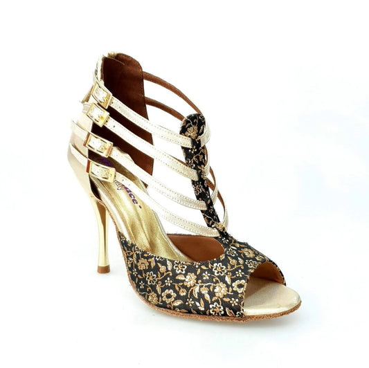 Scarpa da donna Wishdance Lussuria 779 in ricamo veneziano fiorato oro, con tallone in lurex oro e tacco slim.
