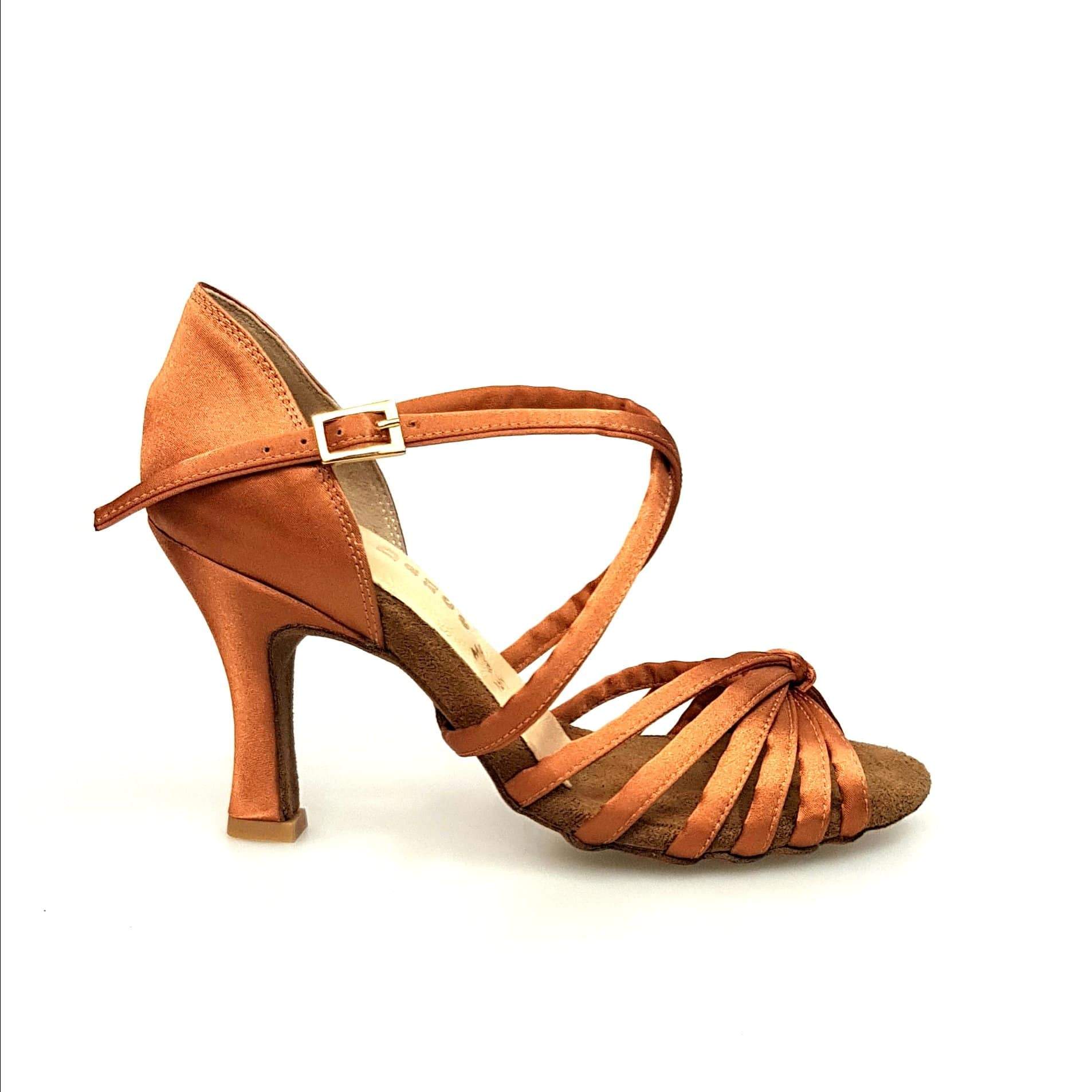 Scarpa da ballo Wishdance Patty QC in raso bronzo con fascette, cinturino incrociato e tacco rocchetto, modello 28QC.
