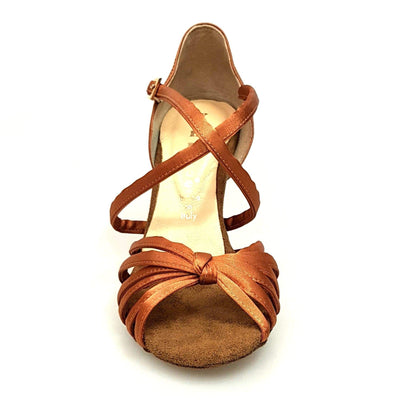 Scarpa da ballo Wishdance Patty QC in raso bronzo con fascette, cinturino incrociato e tacco rocchetto, modello base da donna