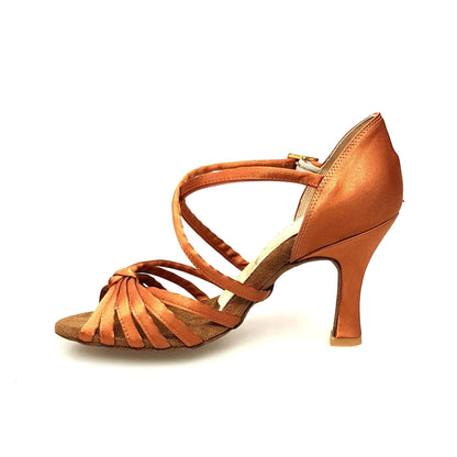 Scarpa da ballo Wishdance Patty QC in raso bronzo con fascette e cinturino incrociato, tacco rocchetto, modello base da donna.