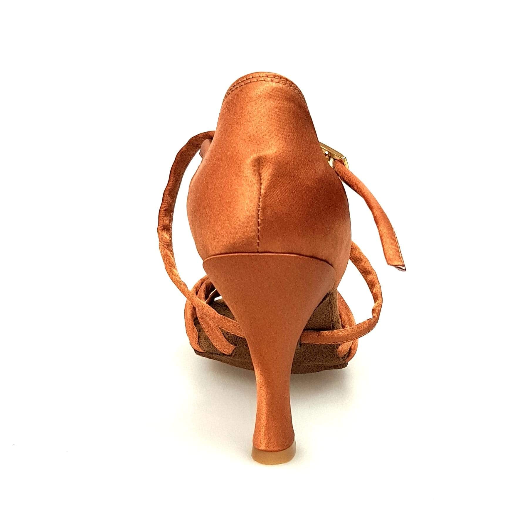 Scarpa da ballo Wishdance Patty QC in raso bronzo con fascette e cinturino incrociato, tacco rocchetto, stile elegante e comodo.