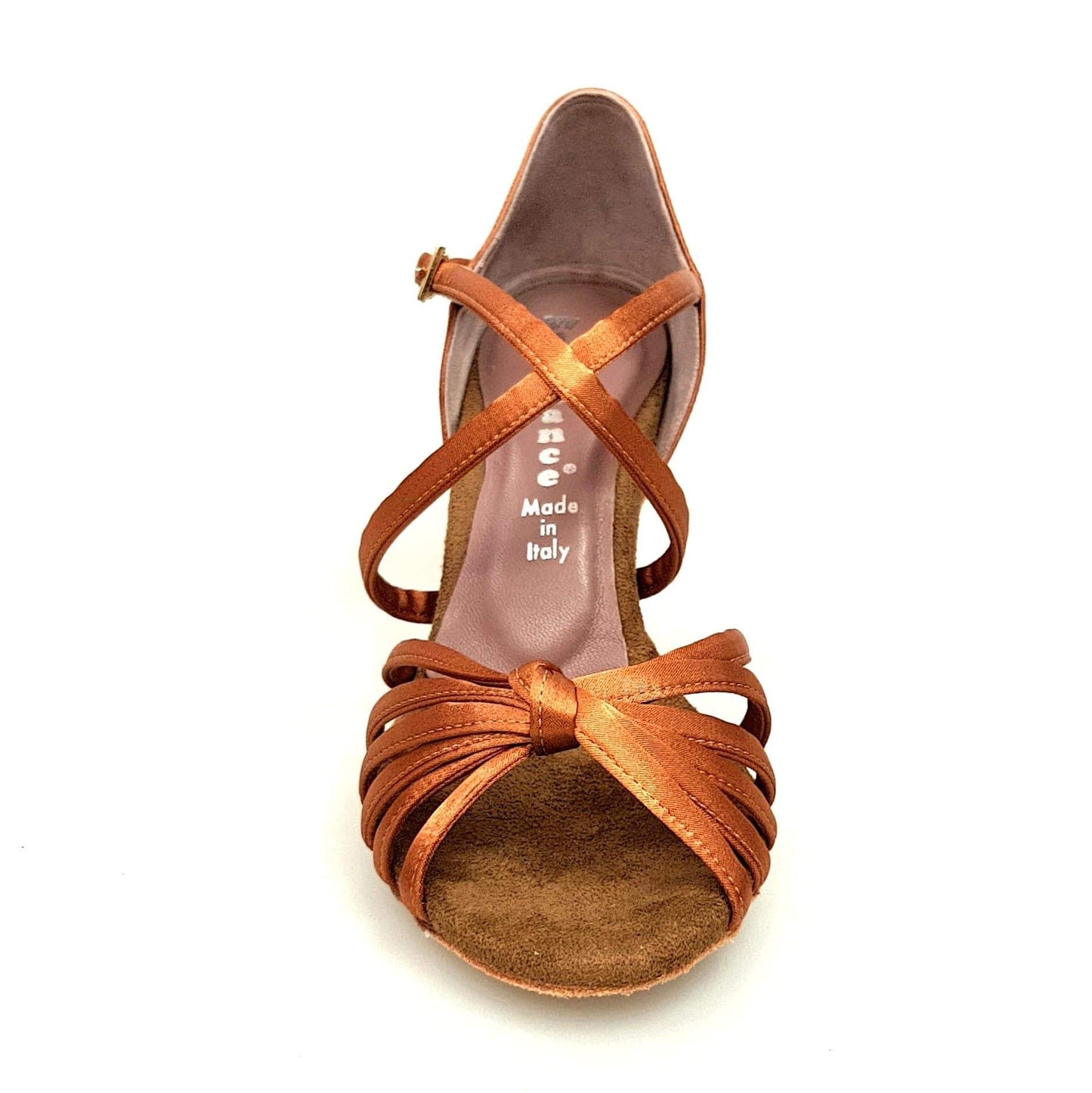 Scarpa da ballo Wishdance Patty QC in raso bronzo, con fascette, cinturino incrociato e tacco a stiletto, vista laterale.