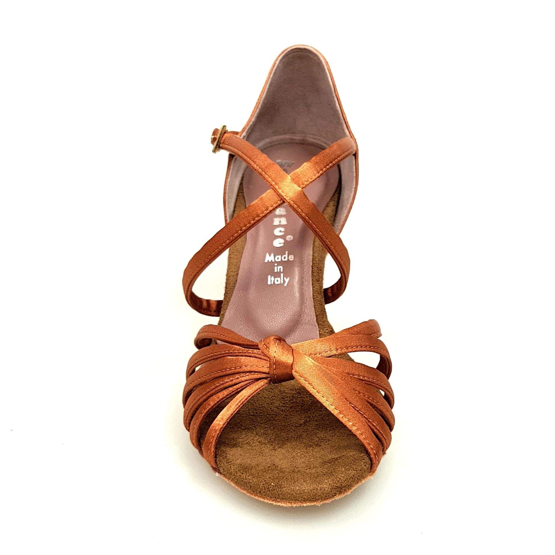 Scarpa da ballo Wishdance Patty QC in raso bronzo, con fascette, cinturino incrociato e tacco a stiletto, vista laterale.