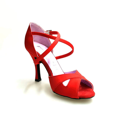 Scarpa Wishdance Ely QC donna in raso rosso con cinturino incrociato, cuscino memorex e tacco rocchetto.