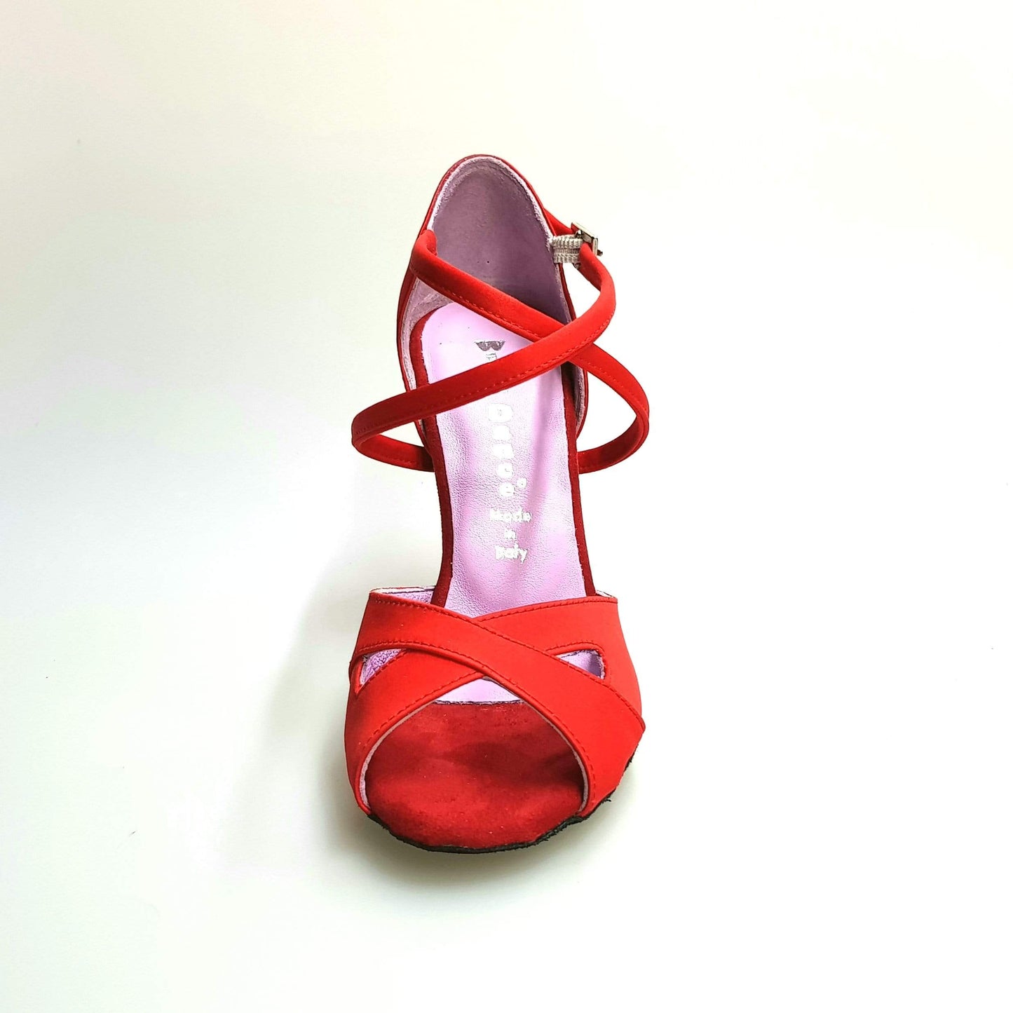 Scarpa Wishdance Ely QC da donna in raso rosso con cuscino memorex, cinturino incrociato e tacco rocchetto, vista laterale.