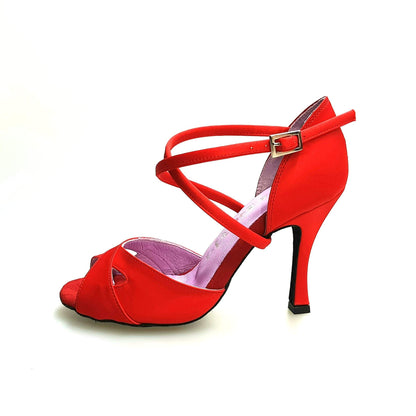 Scarpa donna Wishdance Ely QC in raso rosso con cinturino incrociato, cuscino memorex e tacco rocchetto.