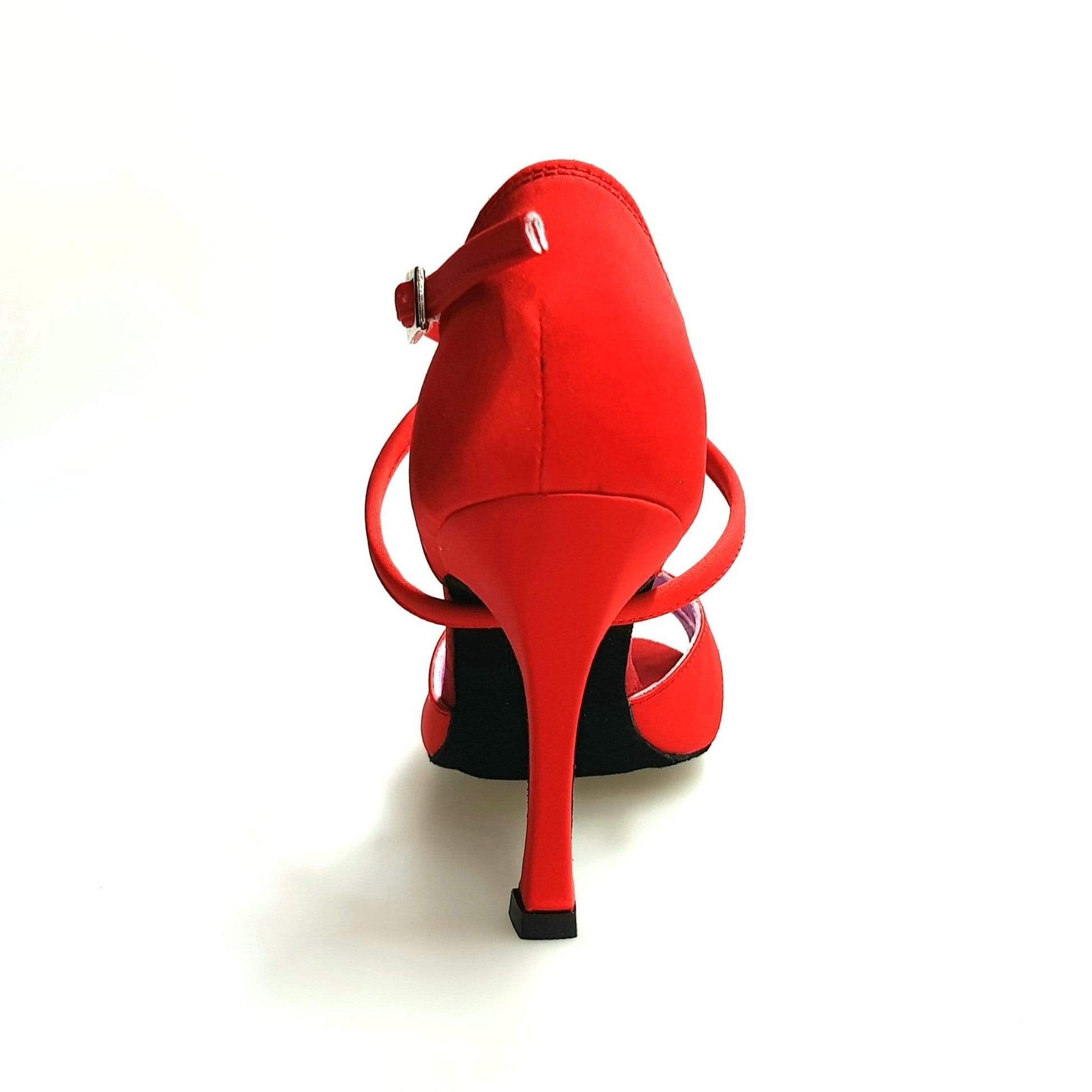 Scarpa Wishdance Ely QC da donna in raso rosso con cuscino memorex, cinturino incrociato e tacco rocchetto.