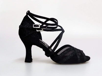 Scarpa donna Wishdance Melany QD in glitter nero con dettagli in retina e cuscino memorex, elegante e confortevole