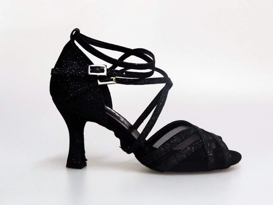 Scarpa donna Wishdance Melany QD in glitter nero con dettagli in retina e cuscino memorex, elegante e confortevole