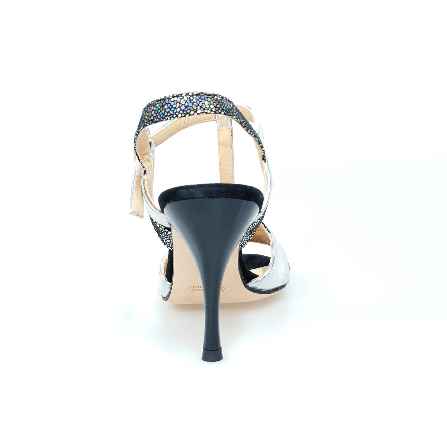 Sandalo da donna D'orsay 1585 in pelle argento e multicolor con tacco a spillo, scarpa elegante Outlet