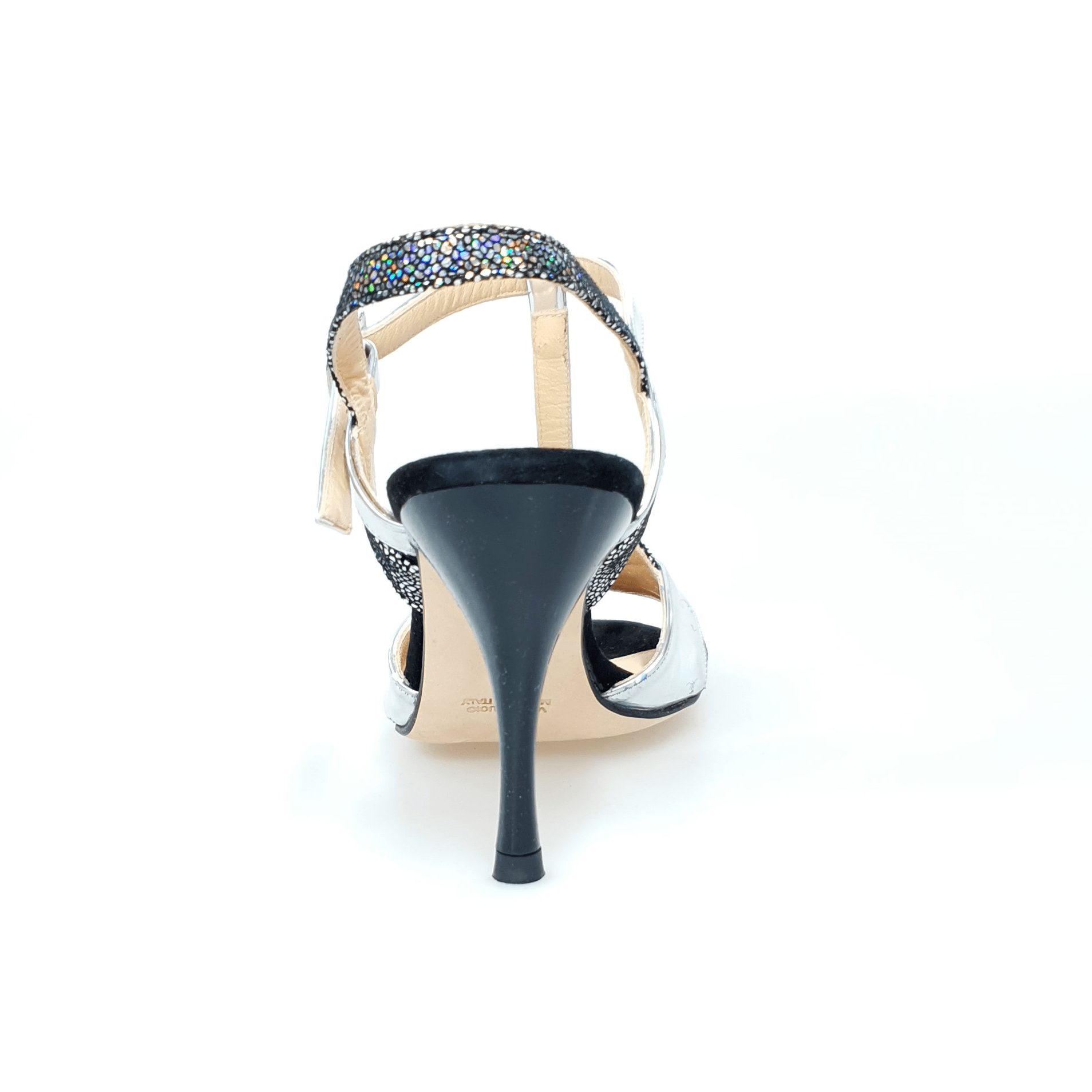 Sandalo da donna D'orsay 1585 in pelle argento e multicolor con tacco a spillo, scarpa elegante Outlet