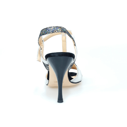 Sandalo da donna D'orsay 1585 in pelle argento e multicolor con tacco a spillo, scarpa elegante Outlet