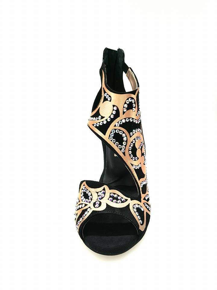 Sandalo donna Desiré SW Wishdance in camoscio nero con inserto raso seta bronzo e dettagli Swarovski Boreali