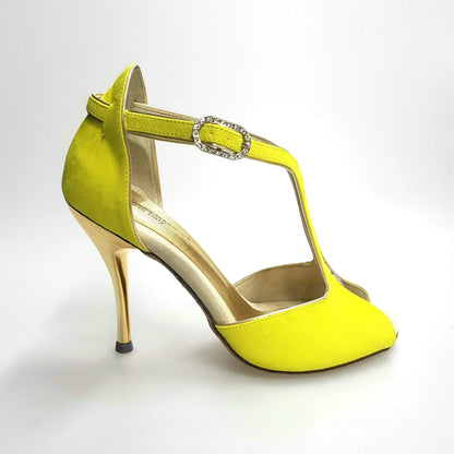 Scarpa donna Fascino (401) Wishdance in camoscio giallo lemon con profili oro e tacco laminato oro.