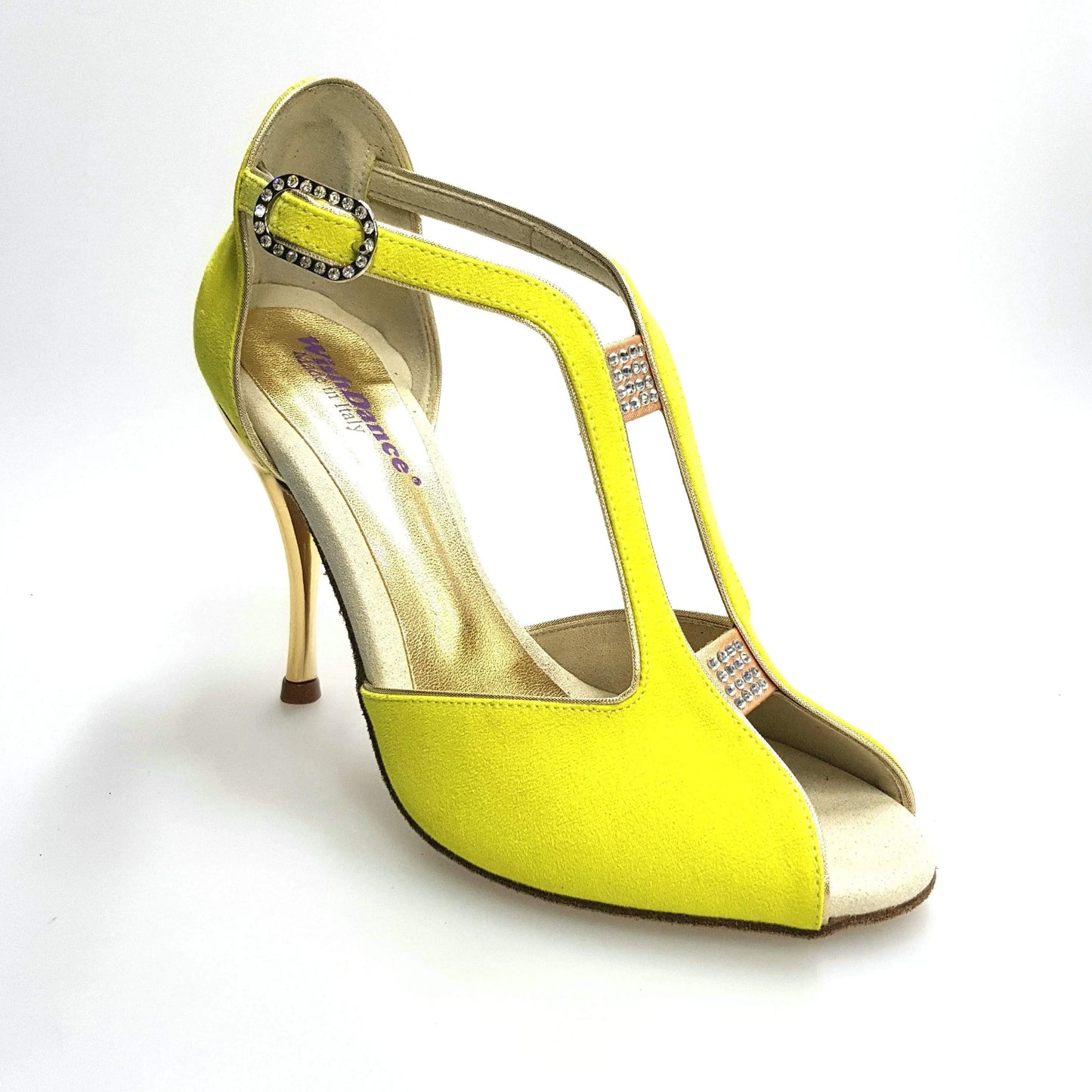 Scarpa donna Fascino (401) Wishdance in camoscio giallo lemon con profili oro, tacco laminato dorato, design elegante.