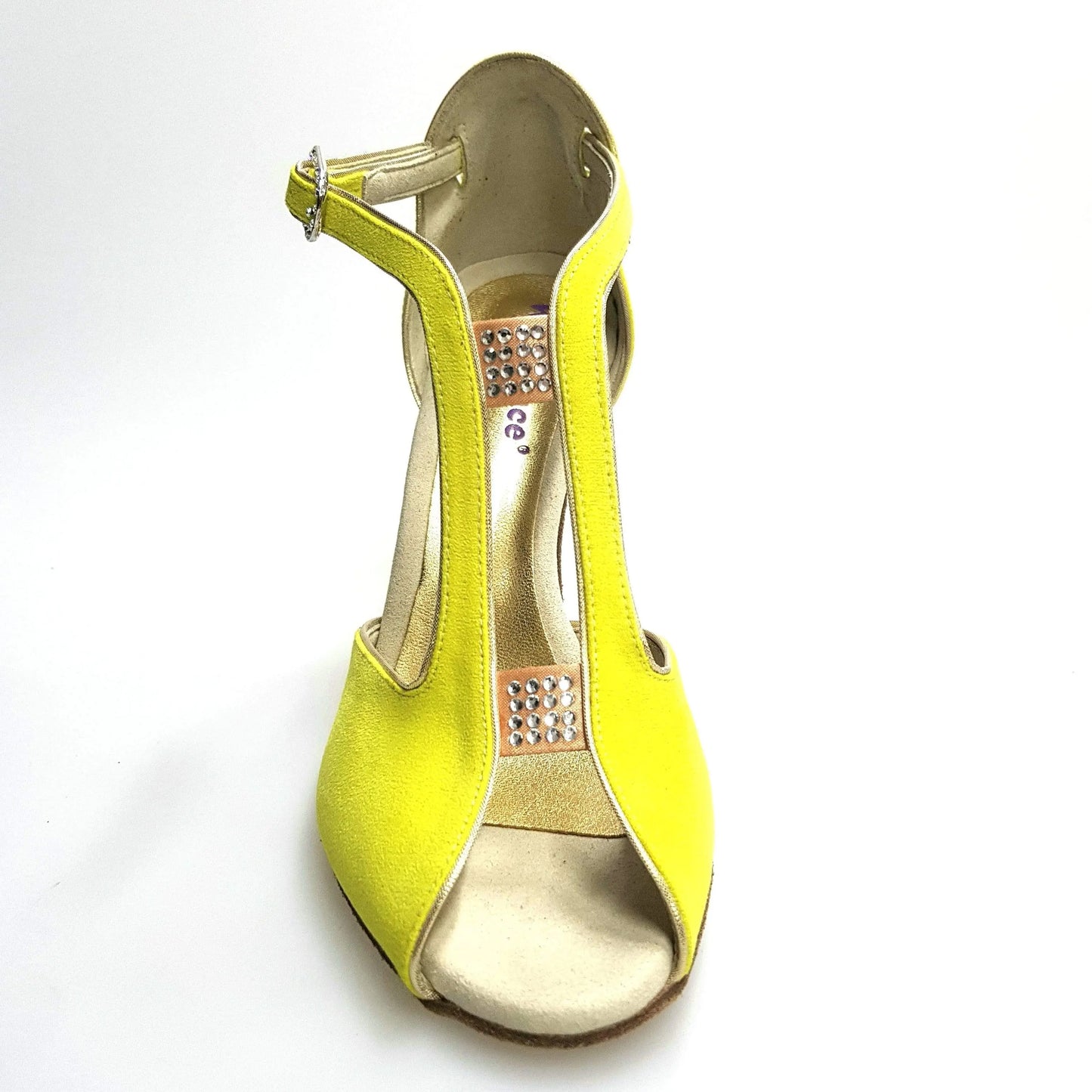 Scarpa donna Fascino (401) Wishdance in camoscio giallo lemon con dettagli oro e tacco laminato oro.