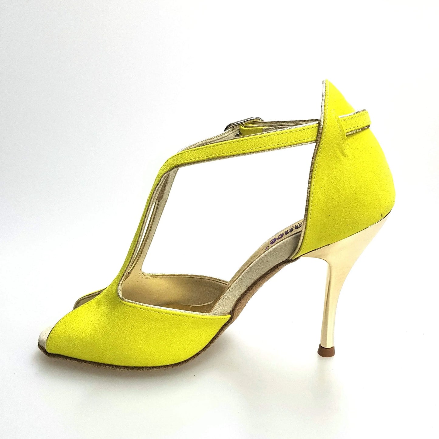 Scarpa donna Fascino (401) Wishdance in camoscio giallo lemon con dettagli oro e tacco laminato oro.