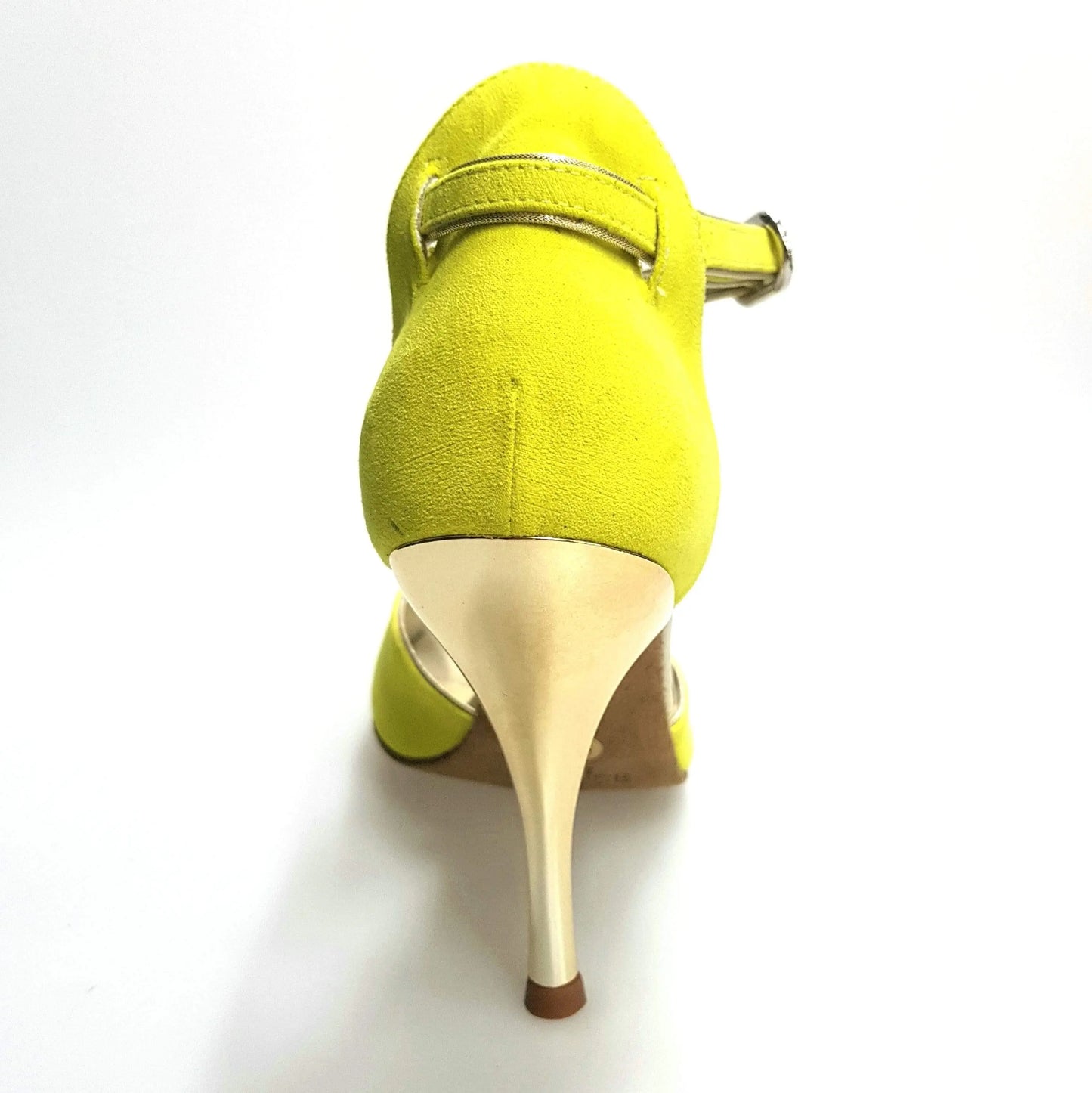 Scarpa da donna Wishdance Fascino (401) in camoscio giallo lemon con dettagli oro e tacco laminato oro.