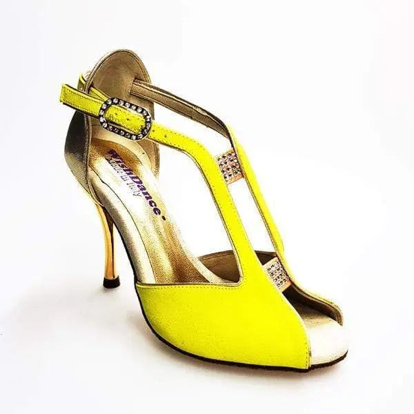 Scarpa da donna Wishdance Fascino (401) in camoscio giallo Lemon con tallone in lurex oro, stile elegante e colorato