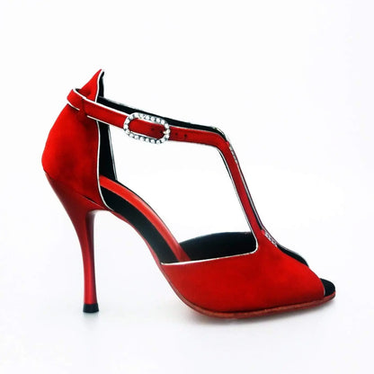 Scarpa da donna Wishdance Fascino (401) in camoscio rosso vivo con profili argento e tacco smaltato rosso.