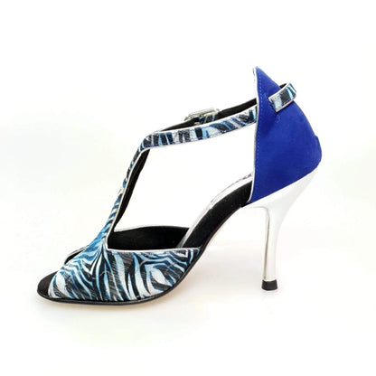 Scarpa donna Wishdance Fascino (401) in jungla blu con tallone in camoscio blu e tacco a spillo laminato argento.