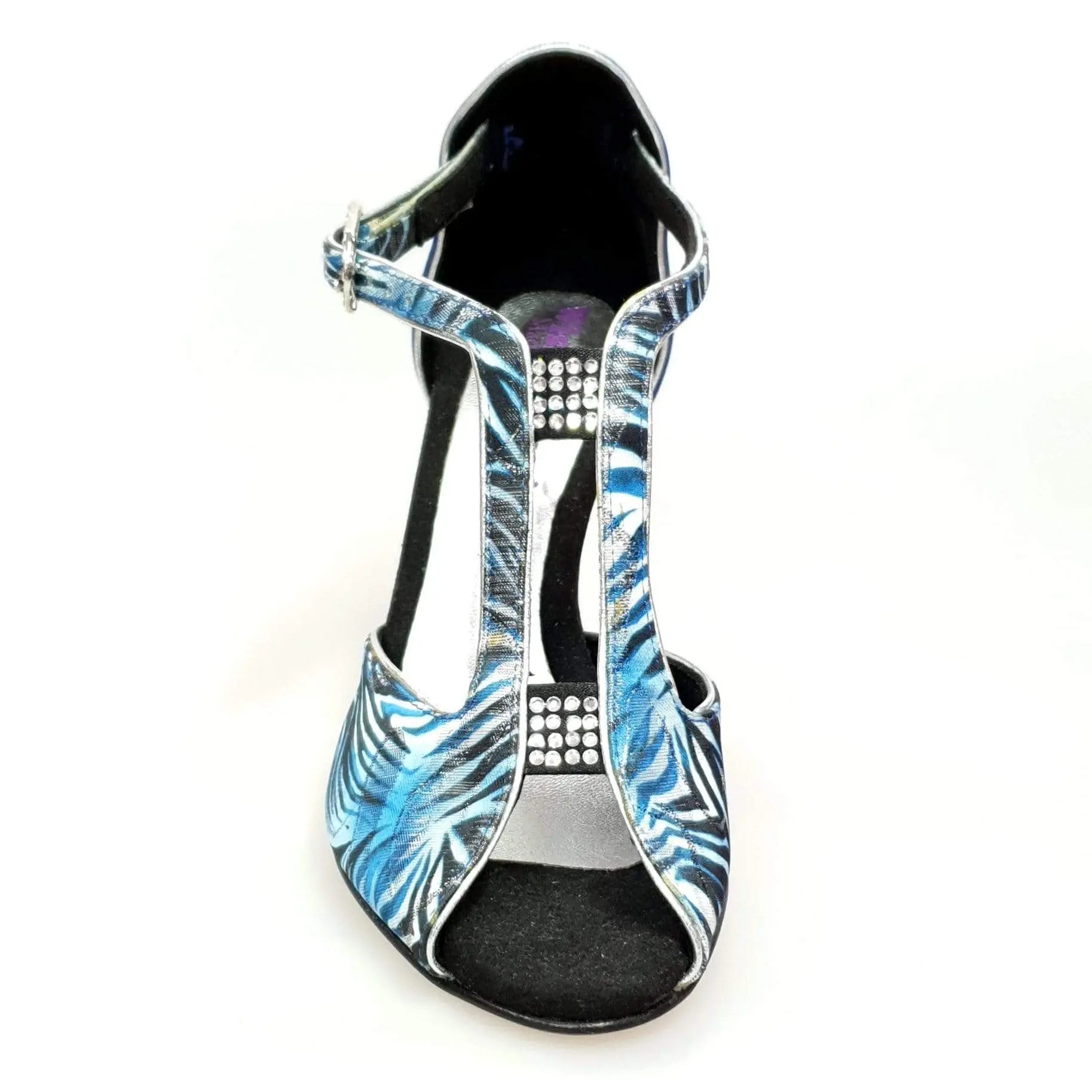 Scarpa donna Wishdance Fascino (401) in jungla blu con tallone in camoscio blu e tacco a spillo laminato argento.
