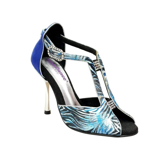 Scarpa da Donna in Jungla Blu e tallone in Camoscio Blu Tacco a Spillo Laminato Argento Fascino Wish Dance, vista laterale