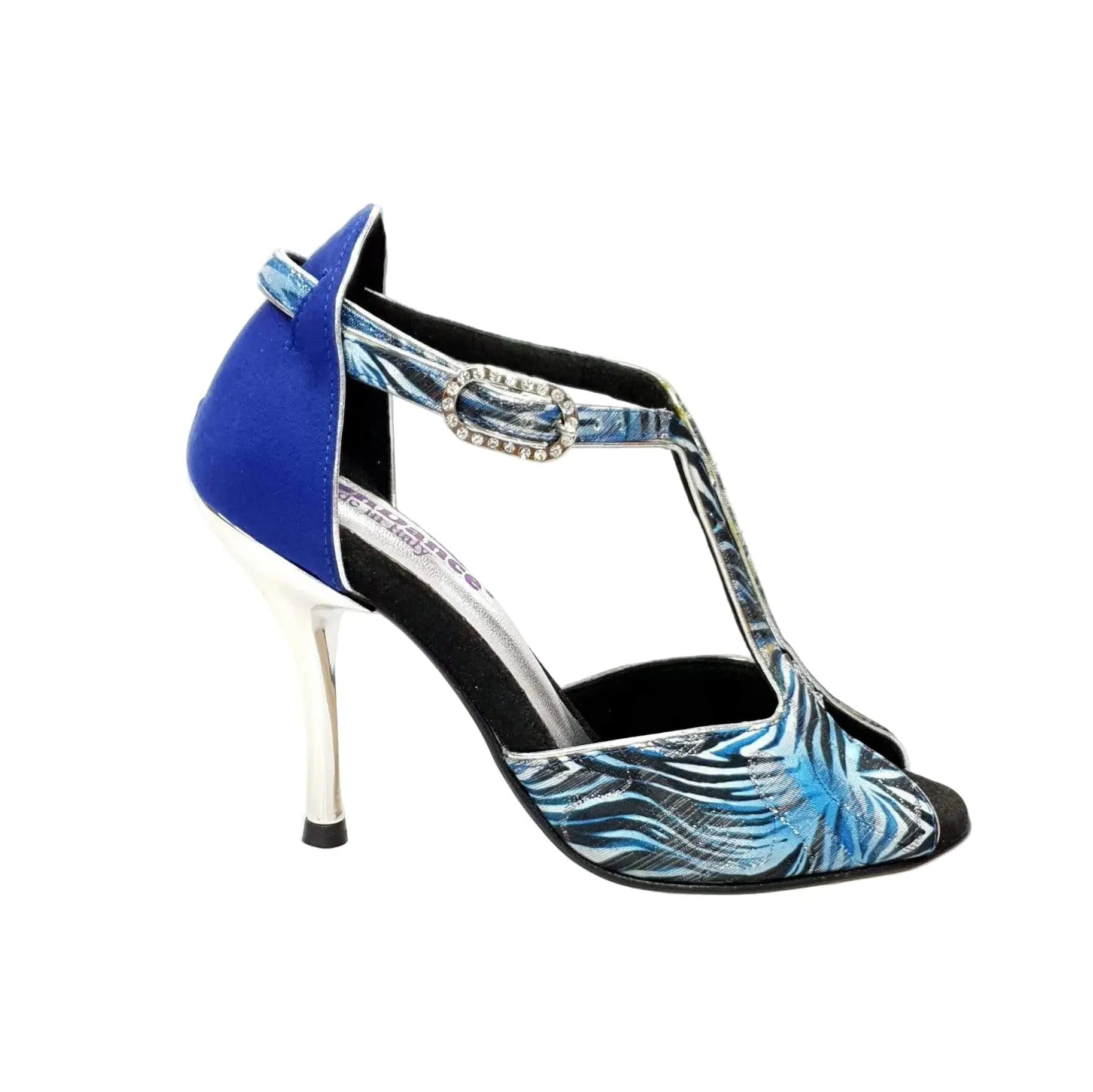 Scarpa da donna Wishdance Fascino (401) in jungla blu con tacco a spillo in camoscio blu e dettagli laminati argento.