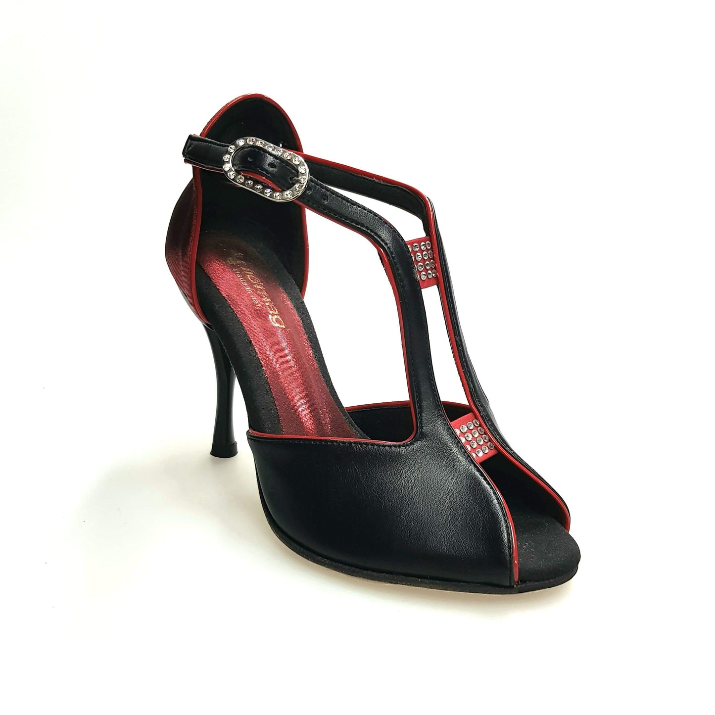 Scarpa da donna Wishdance in pelle nera con tallone in lurex rosso, elegante e alla moda.