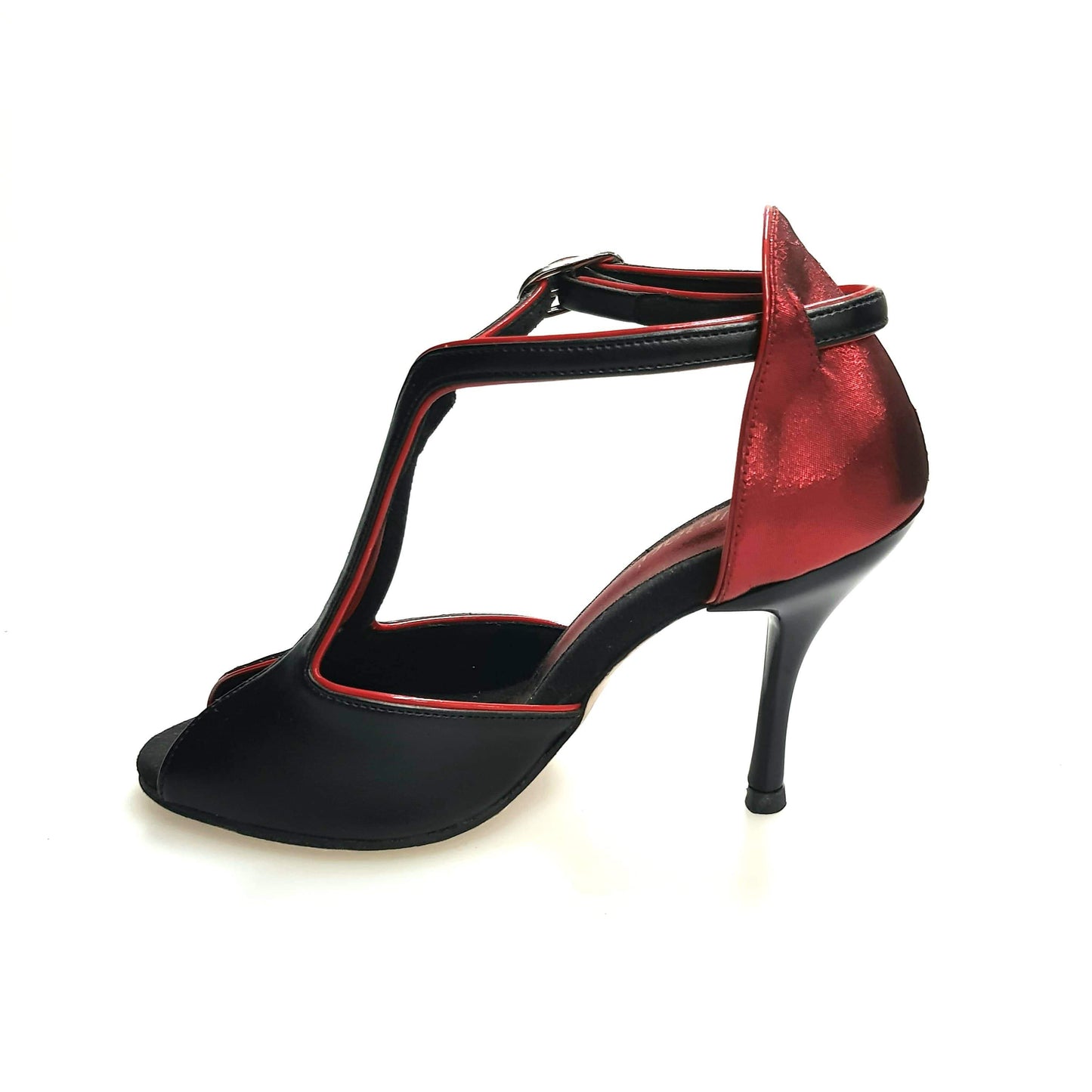 Scarpa da donna Wishdance in pelle nera con tallone in lurex rosso, dettagli eleganti e design raffinato.